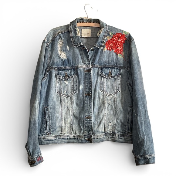American Eagle Outfitters Jackets & Blazers - American Eagle Outfitters Distressed Jean Jacket with Floral Embroidery Size XL